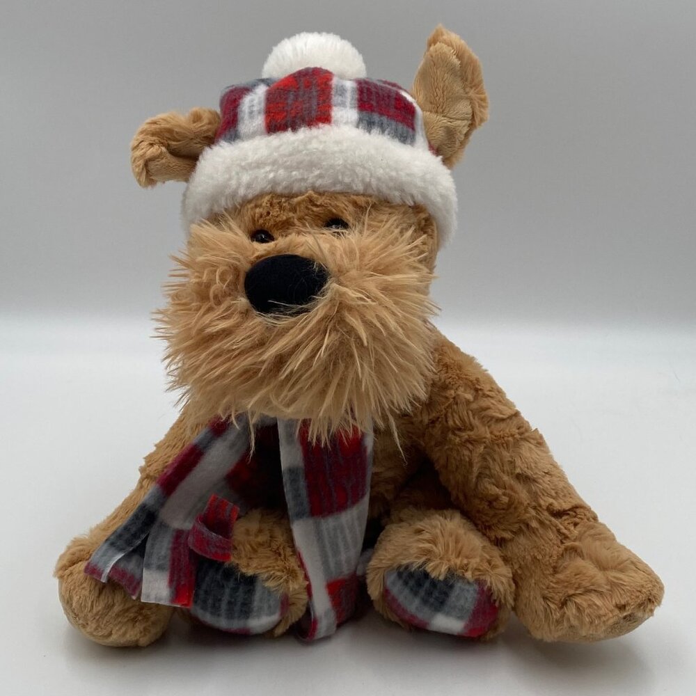 Gentle Treasures Golden Brown Dog Plush 12" Stuffed Animal Plaid Hat Scarf